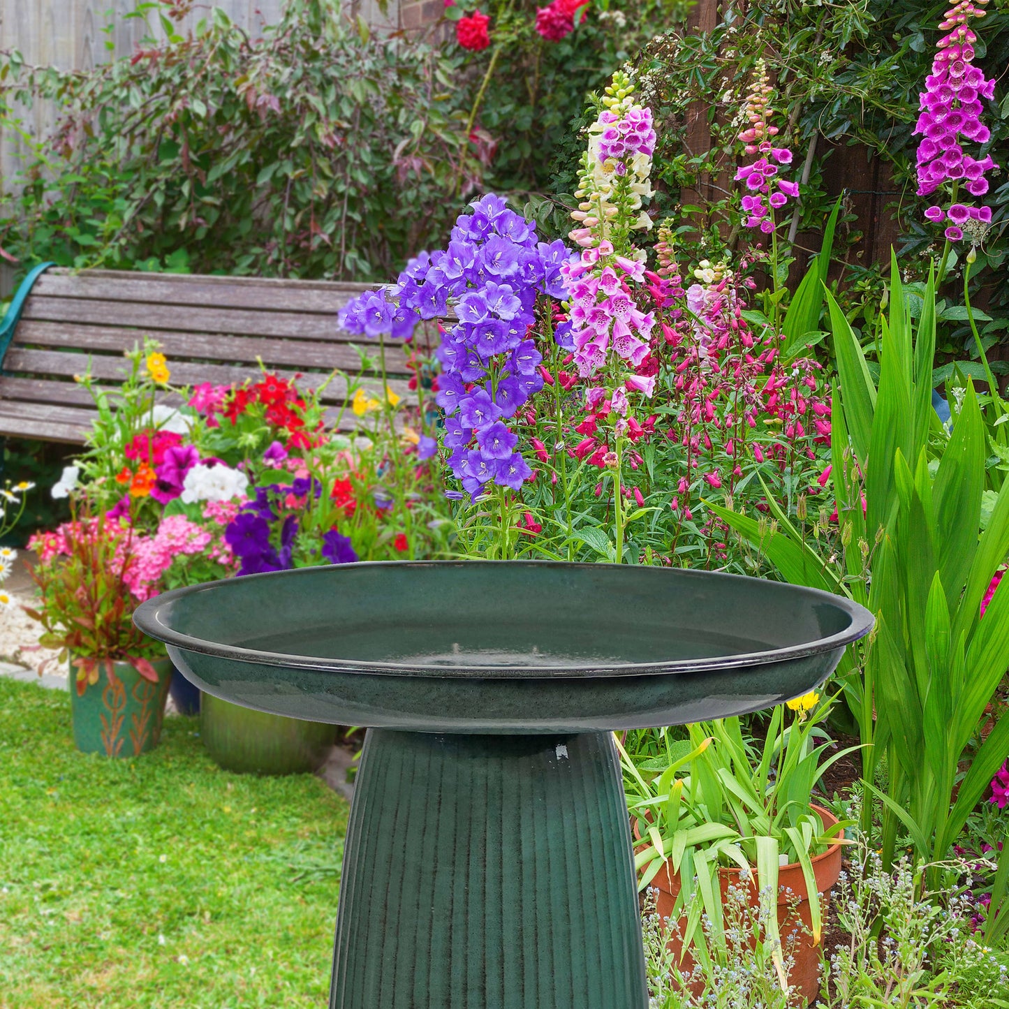Gleeful Garden Metal Outdoor Bird Bath - Green Glaze