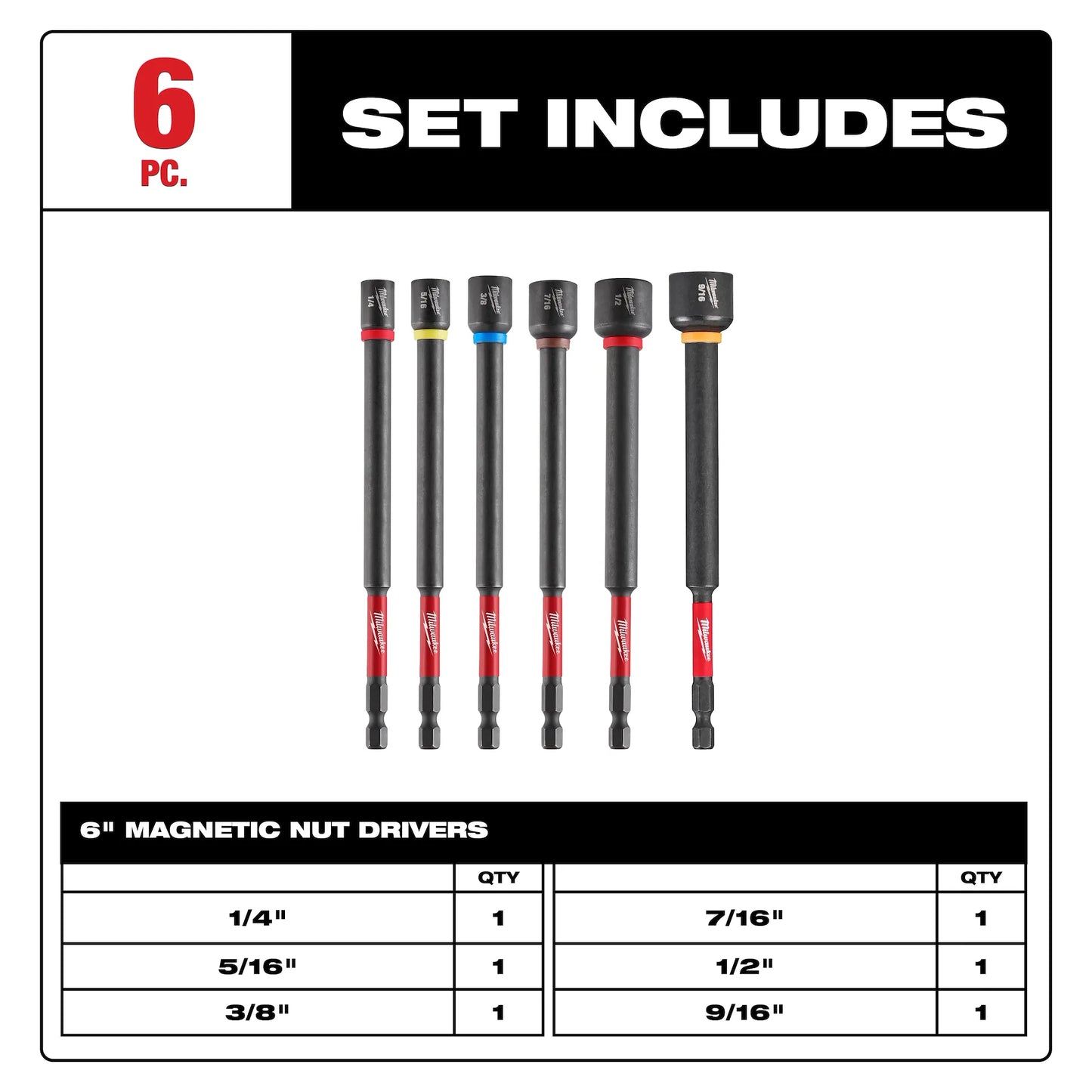 Milwaukee 6PC SHOCKWAVE™ Impact Duty 6" Magnetic Nut Driver Set
