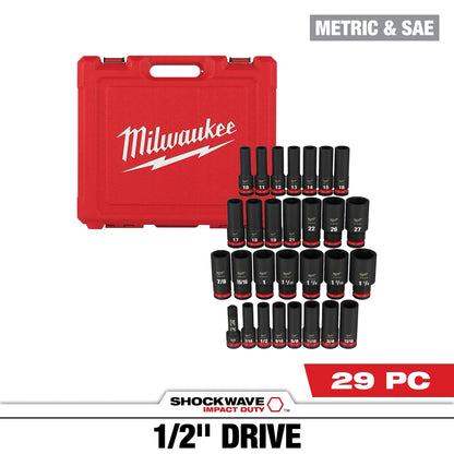 Milwaukee 29PC SHOCKWAVE™ Impact Duty 1/2" Drive SAE & Metric Deep 6 Point Socket Set