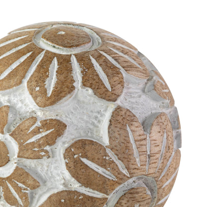 Isabella Cottage Flower Carved Wood Deco Ball with White