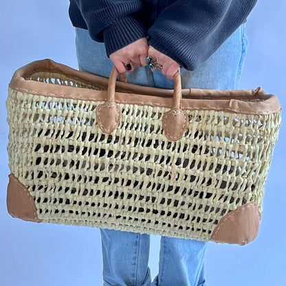 Open Weave Basket with Leather Trim