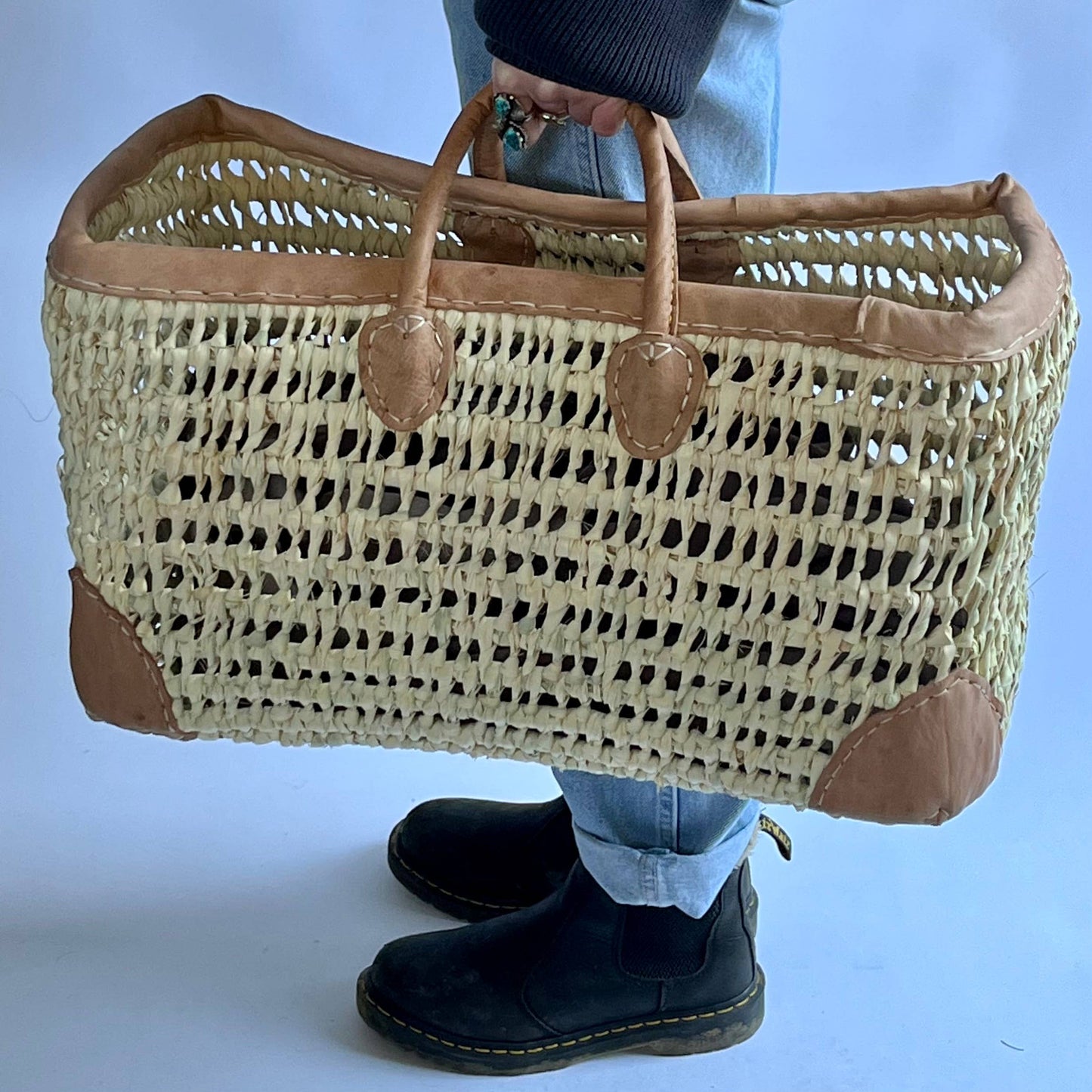 Open Weave Basket with Leather Trim