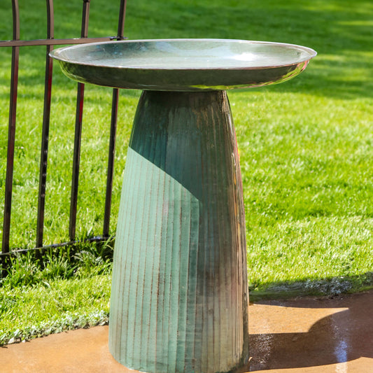Gleeful Garden Metal Outdoor Bird Bath - Green Glaze