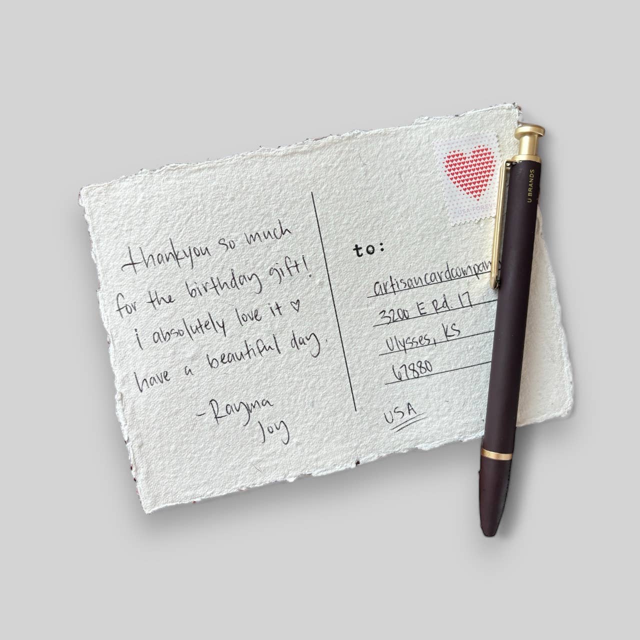 Handmade typewritten thankyou postcard