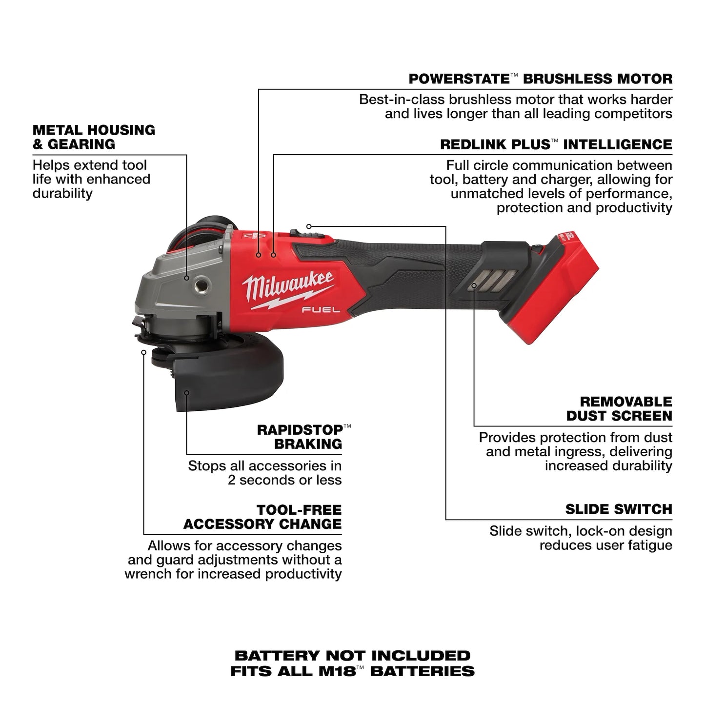 Milwaukee M18 FUEL™ 4-1/2" / 5" Variable Speed Braking Grinder, Slide Switch Lock-On
