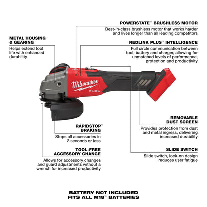 Milwaukee M18 FUEL™ 4-1/2" / 5" Variable Speed Braking Grinder, Slide Switch Lock-On