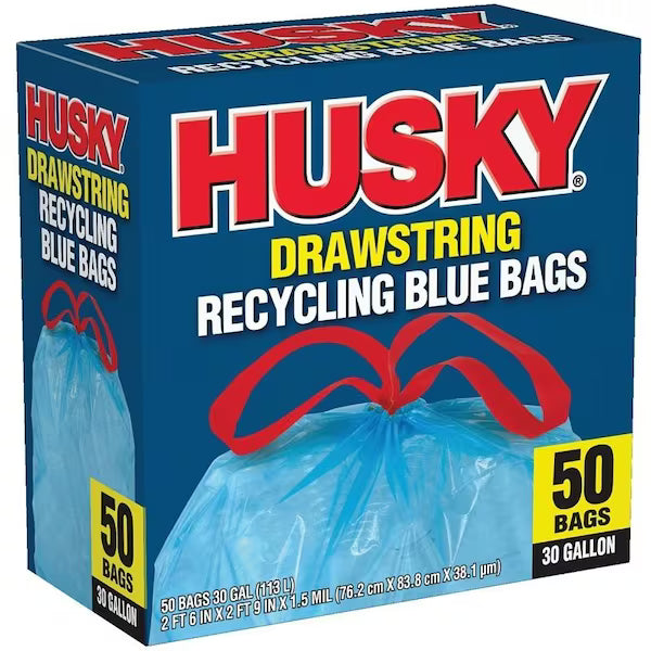 Husky Trash Bag with Drawstring, 30 gal Capacity, Blue