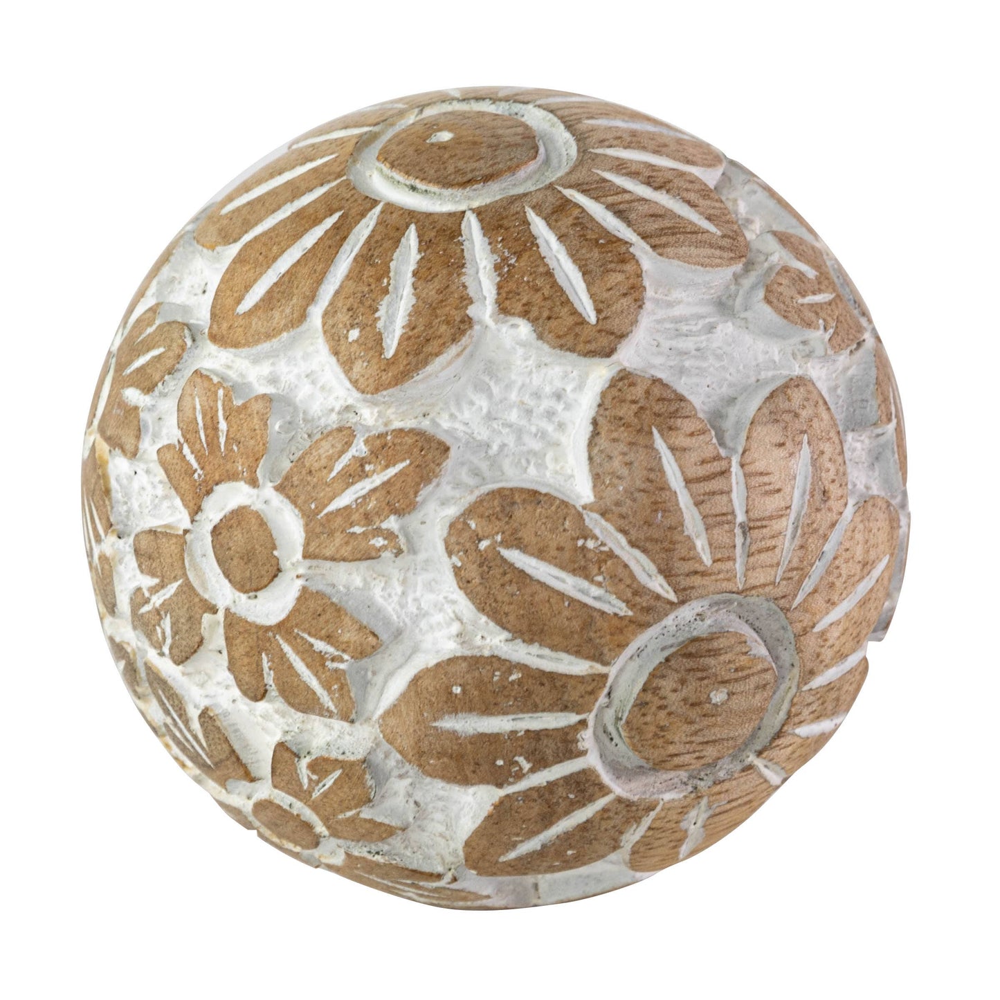 Isabella Cottage Flower Carved Wood Deco Ball with White