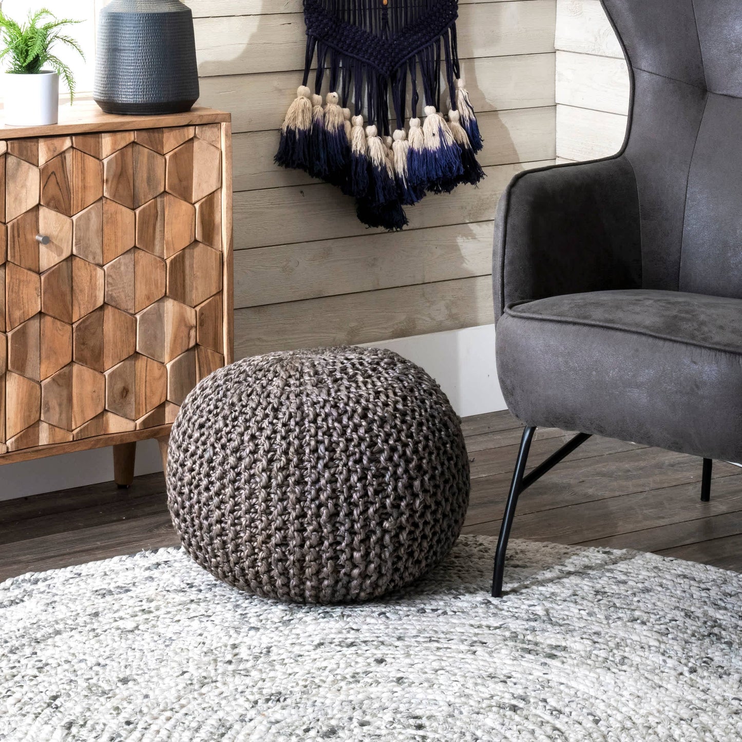 York Classic Knitted Solid Jute Filled Ottoman Pouf