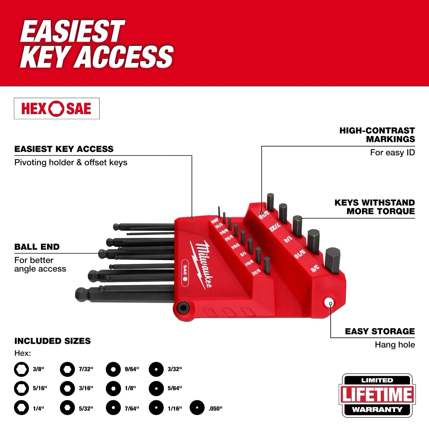 Milwaukee 22-Key Ball End L-Style Hex Key Set - SAE/Metric