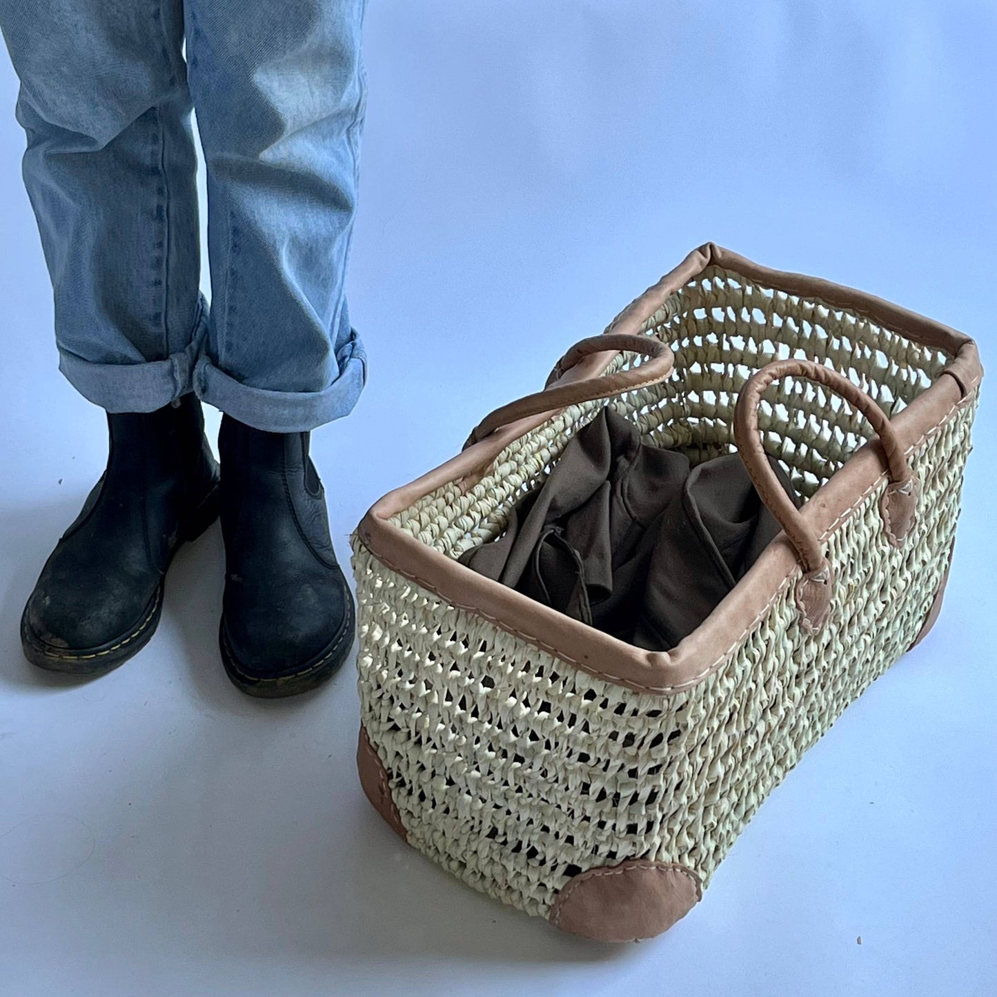Open Weave Basket with Leather Trim