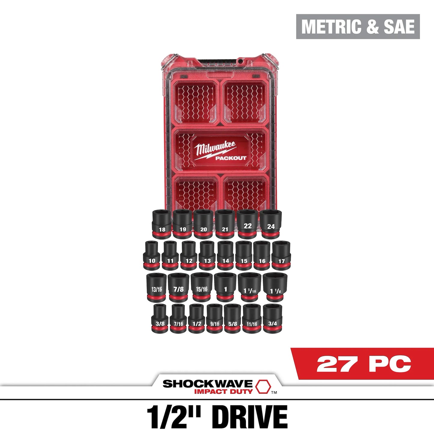 Milwaukee 27PC SHOCKWAVE™ Impact Duty Socket 1/2” Drive MM & SAE Set with PACKOUT™