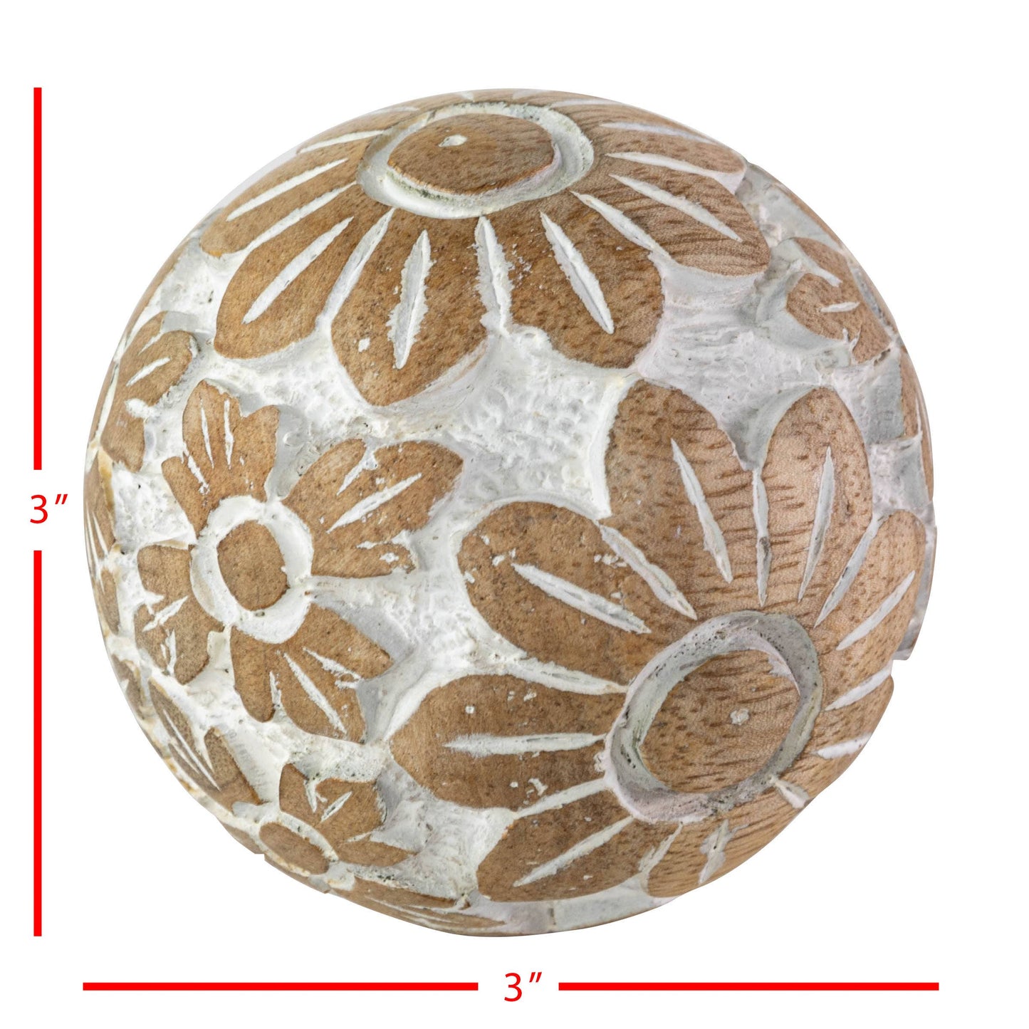 Isabella Cottage Flower Carved Wood Deco Ball with White