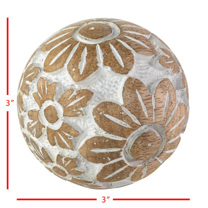 Isabella Cottage Flower Carved Wood Deco Ball with White
