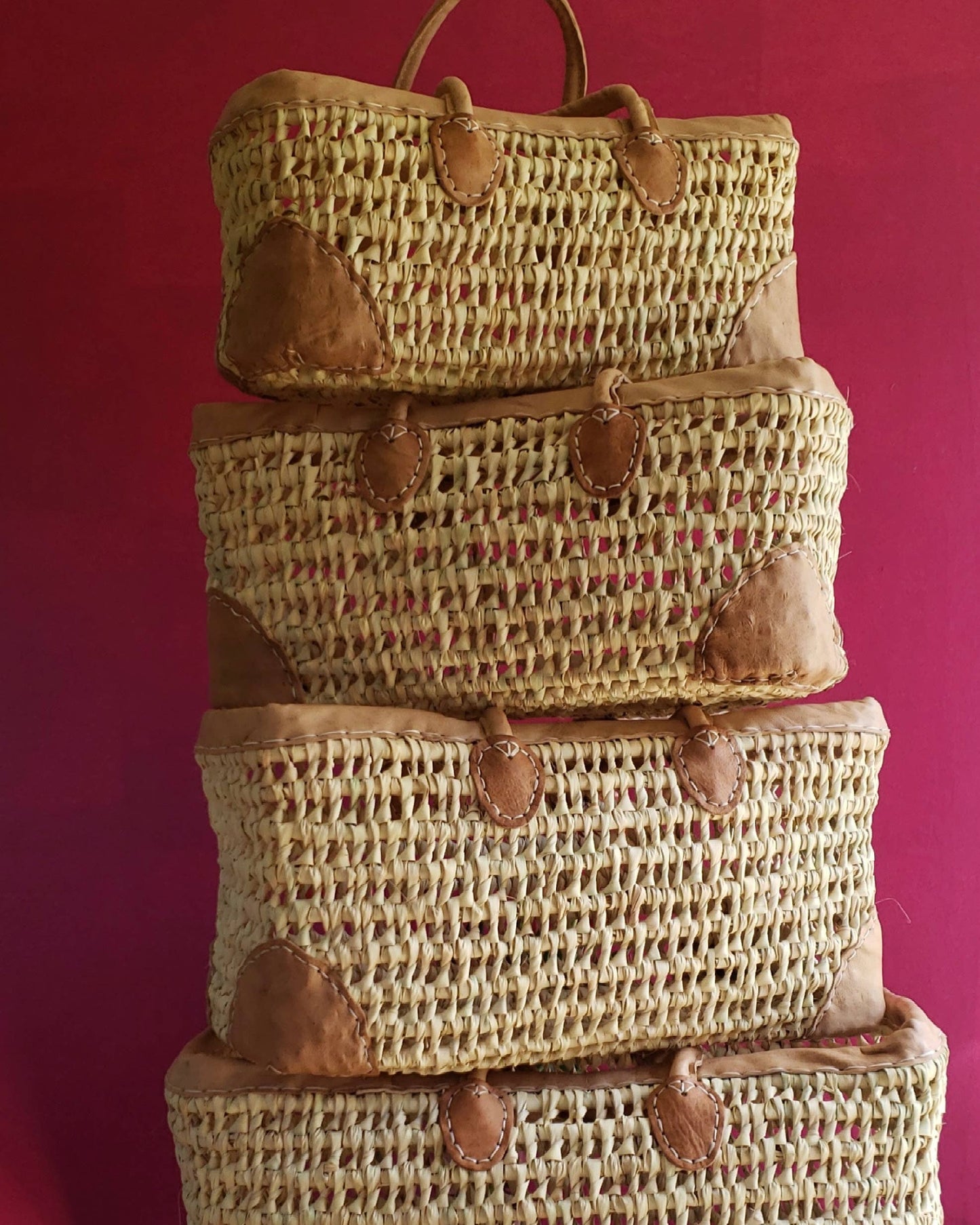 Open Weave Basket with Leather Trim