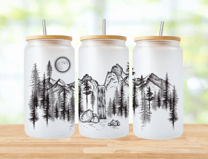 Mountain Forest Waterfall 16oz Frosted Libbey Glass Tumbler