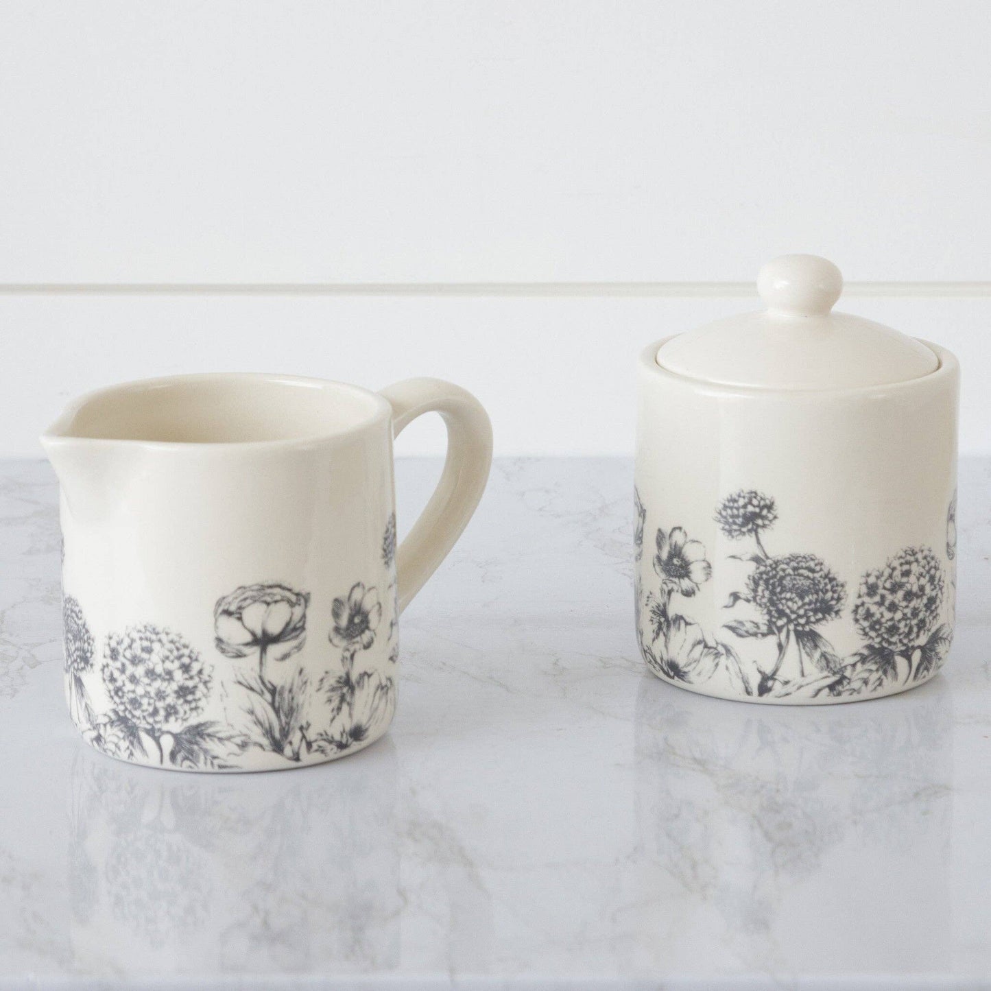 Black and White Botanical Cream and Sugar (Pair)