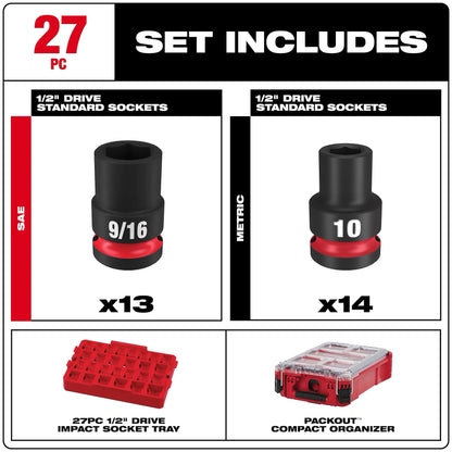 Milwaukee 27PC SHOCKWAVE™ Impact Duty Socket 1/2” Drive MM & SAE Set with PACKOUT™
