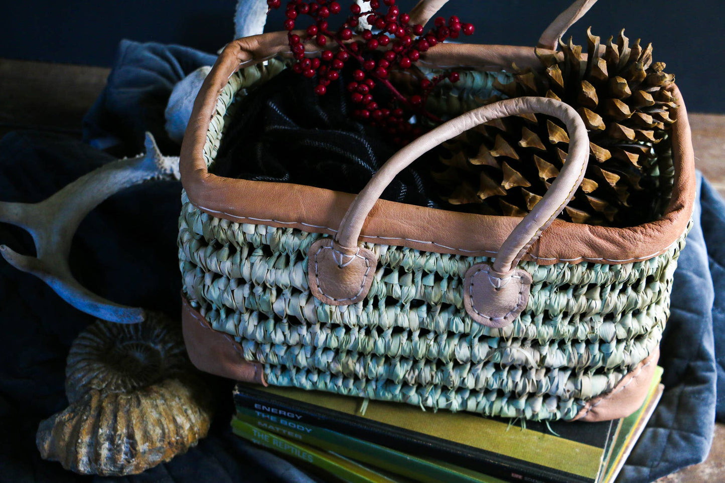 Open Weave Basket with Leather Trim