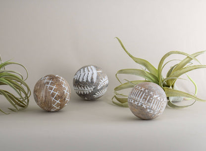 Wilder White Fern Carved Wood Deco Ball