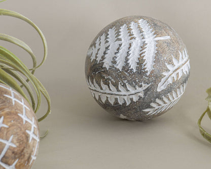 Wilder White Fern Carved Wood Deco Ball