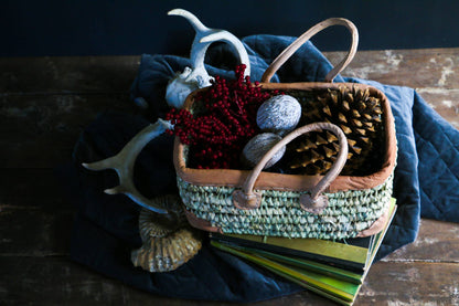 Open Weave Basket with Leather Trim