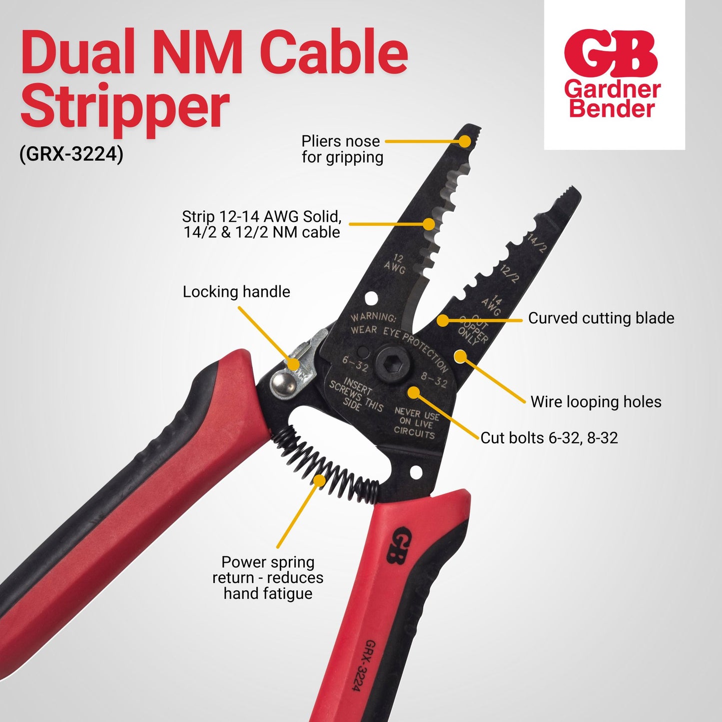 Gardener BenderDual NM Cable Stripper, Strips Both #12/2 and #14/2 NM Cable, Strips #12 and #14 AWG Single Cond, Power Spring Return, Pliers Nose, Locking Handle