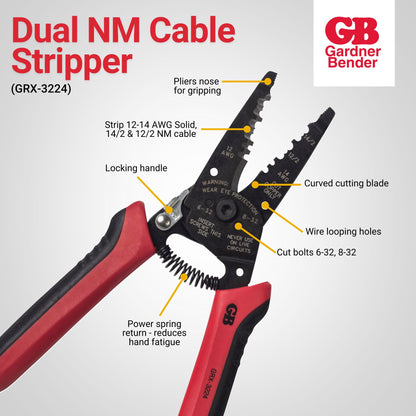 Gardener BenderDual NM Cable Stripper, Strips Both #12/2 and #14/2 NM Cable, Strips #12 and #14 AWG Single Cond, Power Spring Return, Pliers Nose, Locking Handle