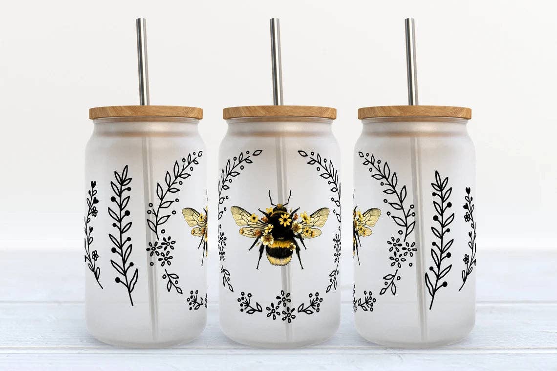 Bumble Bee Floral 16oz Libbey Glass Frosted Tumbler