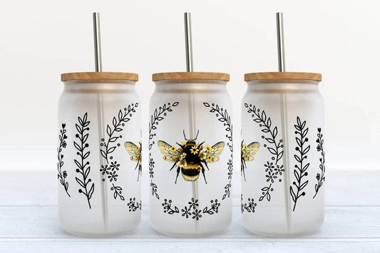 Bumble Bee Floral 16oz Libbey Glass Frosted Tumbler