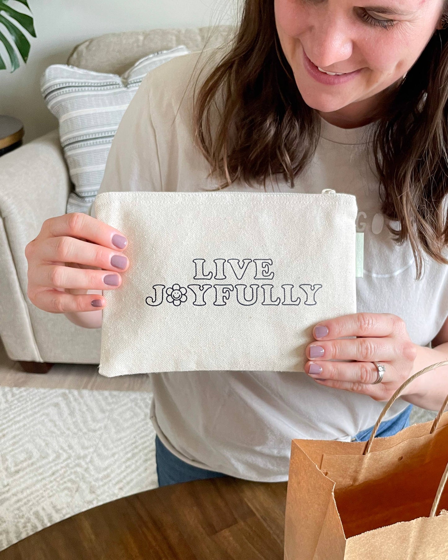 Live Joyfully Small Canvas Zipper Pouch