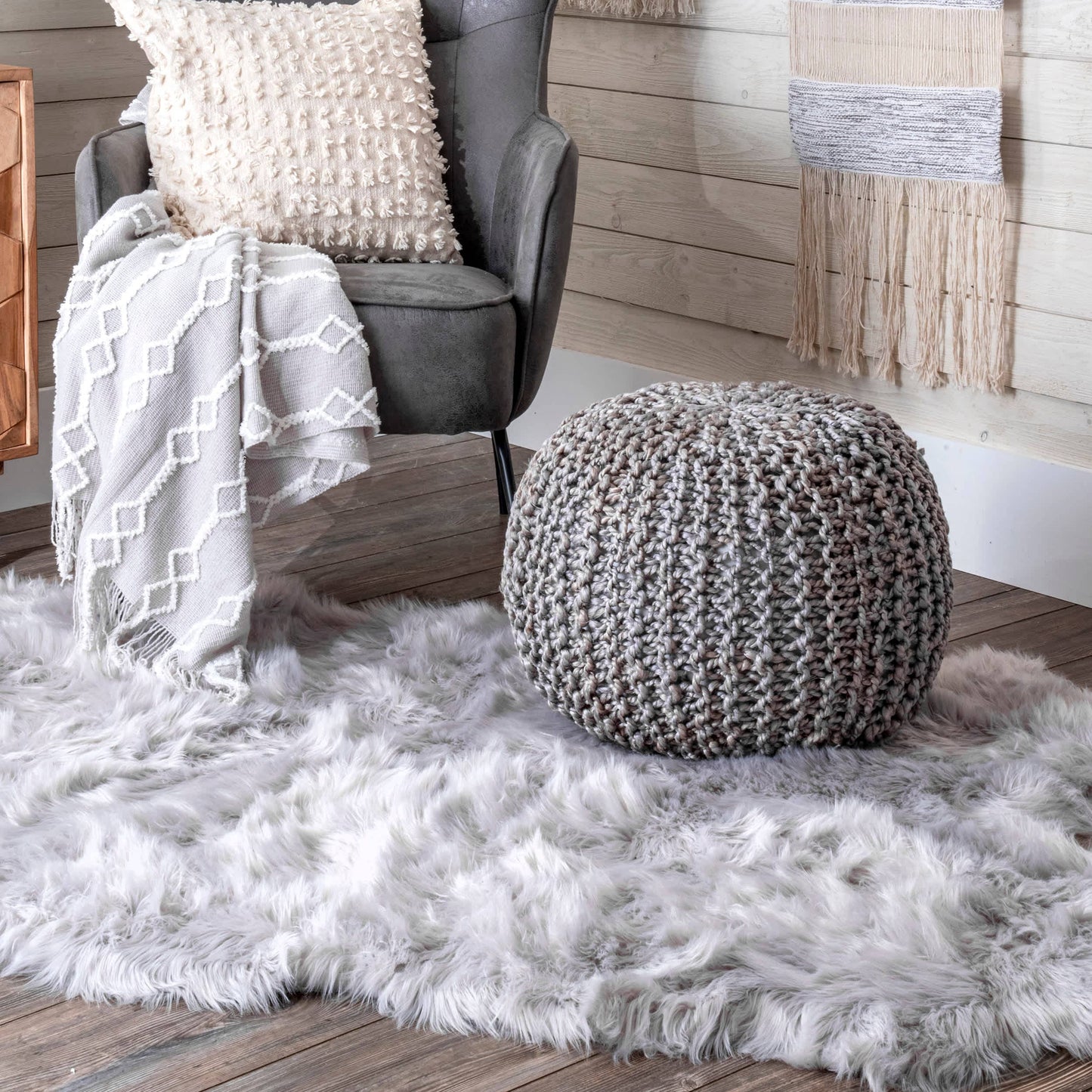 York Classic Knitted Solid Jute Filled Ottoman Pouf