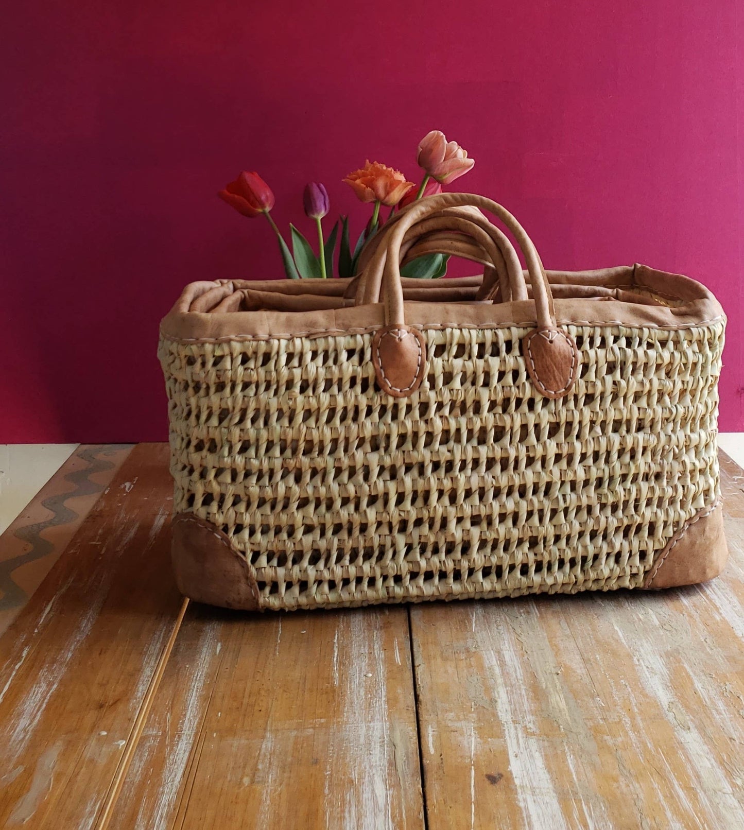 Open Weave Basket with Leather Trim