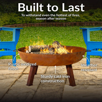 34 in Rustic Cast Iron Fire Pit Bowl with Stand