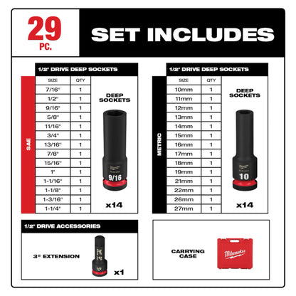 Milwaukee 29PC SHOCKWAVE™ Impact Duty 1/2" Drive SAE & Metric Deep 6 Point Socket Set
