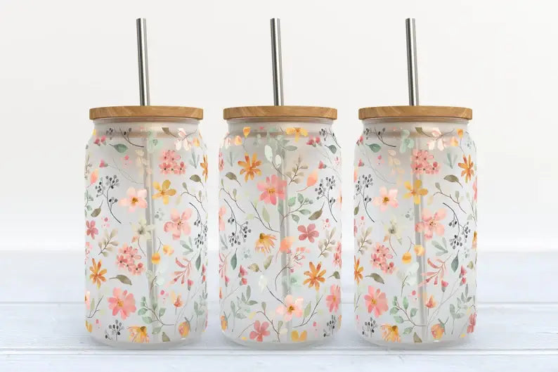  Spring Time Flowers 16oz Frosted Glass Tumbler 