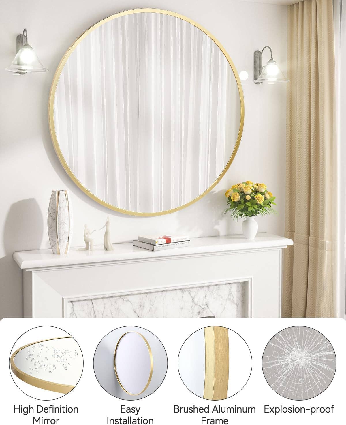 Gold Circle Wall Mirror 32 Inch Round Matte Metal Frame
