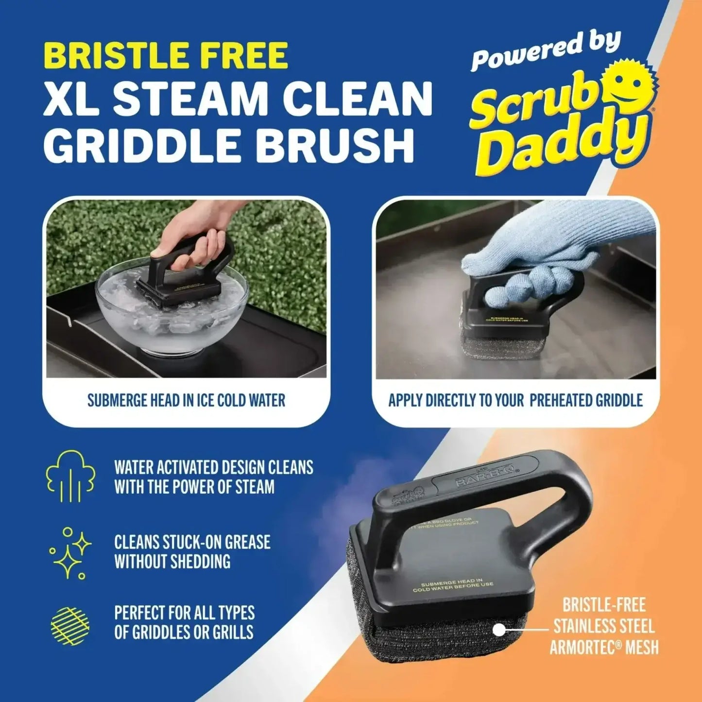 Mr. Bar-B-Q Bristle Free XL Steam Clean Griddle Brush Powered by Scrub Daddy