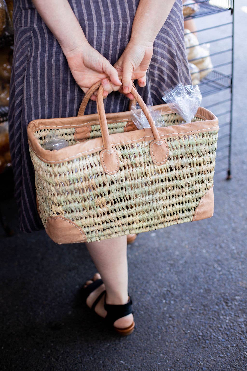 Open Weave Basket with Leather Trim